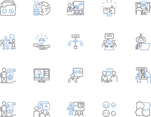 Project management outline icons collection. Planning, Scheduling, Tracking, Executing, Analysis, Organizing, Estimating vector and illustration concept set. Teamwork, Budgeting, Resourceful linear