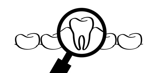 For dental day, dentists day. Cartoon healthy, magnifying glass showing tooth in-gums. Vector drawing icon. Damage teeth or tooth with caries and with roots visible. Cracked, damaged logo