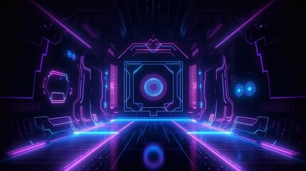 Futuristic ultraviolet background with cyber screen and glowing neon lights. Generative AI.