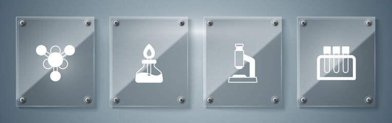 Set Test tube, Microscope, Alcohol or spirit burner and Molecule. Square glass panels. Vector