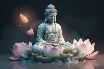 Buddha meditating on lotuses, generative AI - obrazy, fototapety, plakaty