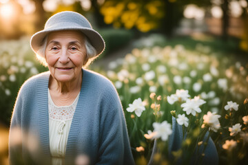 Portrait of senior woman with grey eyes and grey hair. Blurred spring background. Generative AI