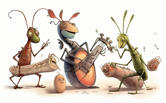 Happy and joyful insects playing musical instruments. Cartoon illustration of a whimsical scene with bright colors and lively characters, showing the beauty of nature and the joy of music. AI generate