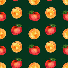 Seamless fruits pattern, Apple and apricot background, Summer fruits backdrop, Vitamins, watercolor apples and apricots endless design, kitchen textile print