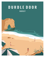 Travel poster Durdle Door at Dorset, England, United Kingdom. Vector Illustration in colored style suitable for poster, greeting card, postcard. - obrazy, fototapety, plakaty