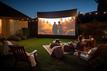 Cozy Outdoor Movie Night Setup, Large Projector Screen, Comfortable Seating, Immersive Audio.