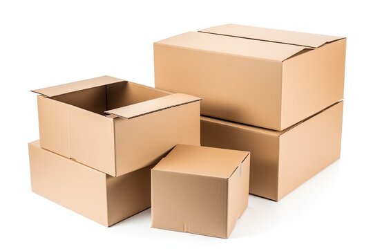Three similar beige corrugated cardboard boxes with varied sized covers are placed separately on a white background. Generative AI