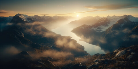 Obraz premium Aerial view of majestic Norway Fjord with scenic mountains and sea. View of the Himalayas during a foggy sunset night. Generative Ai