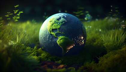 Obraz na płótnie Canvas Green planet earth covered with grass. World Earth Day. World Environment Day Concept. Save the earth. Save the Planet. Ai generated image