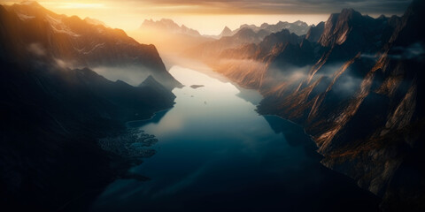 Fototapeta na wymiar Aerial view of majestic Norway Fjord with scenic mountains and sea. View of the Himalayas during a foggy sunset night. Generative Ai
