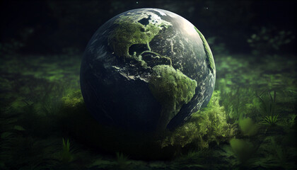 Obraz na płótnie Canvas Green planet earth covered with grass. World Earth Day. World Environment Day Concept. Save the earth. Save the Planet. Ai generated image