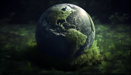 Foto auf Acrylglas Vollmond und Bäume Green planet earth covered with grass. World Earth Day. World Environment Day Concept. Save the earth. Save the Planet. Ai generated image