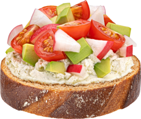 Wholegrain rye bread slice with vegetable salad, toast with cherry tomatoes, avocado, cream cheese, radish slices isolated on white background
