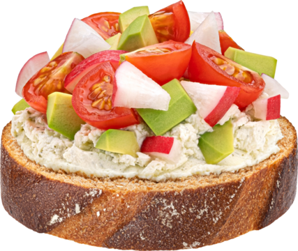 Wholegrain rye bread slice with vegetable salad, toast with cherry tomatoes, avocado, cream cheese, radish slices isolated on white background