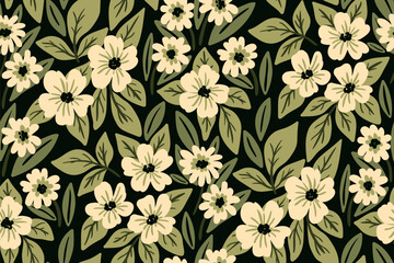 Seamless floral pattern, cute natural print with hand drawn botany. Beautiful botanical surface design with simple small flowers, large green leaves on a dark background. Vector illustration.