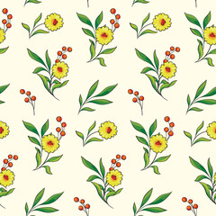 Seamless floral pattern, simple flower print with rustic motif. Cute botanical design, ornament with hand drawn plants: small yellow flowers, leaves, berries on a white background. Vector illustration