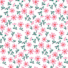 Seamless floral pattern, liberty ditsy print with tiny cute chamomiles. Pretty botanical design for fabric, paper: small hand drawn flowers, leaves on a white background. Vector illustration.