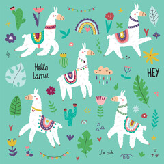 Set of cute white llamas, alpacas, cacti, tropical plants and scandinavian elements. Vector funny illustration in hand drawn style for your design