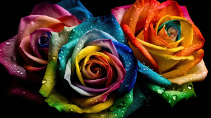Fototapeta na wymiar rainbow rose flowers with water drops generative ai