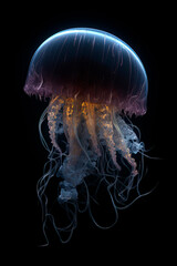 A jellyfish is glowing against a black background. Generative AI