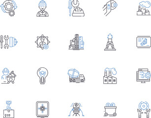 Industry technology outline icons collection. Industry, Technology, Manufacturing, Automation, Robotics, AI, Machine Learning vector and illustration concept set. 3D Printing, IoT, Augmented Reality