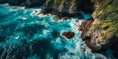 Fototapeta na wymiar Coast as a background from above. Turquoise background with top view. Summer seascape from the air. Nusa Penida Island, Indonesia. Travel. Generative Ai