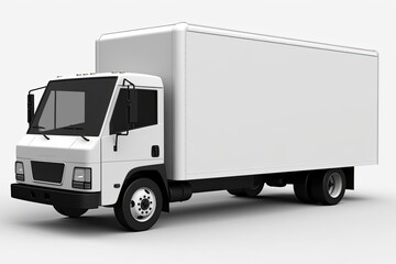 A white commercial industrial freight delivery van truck is seen against a white background. Generative AI