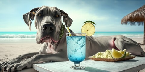 Great Dane dog is on summer vacation at seaside resort and relaxing rest on summer beach of Hawaii - obrazy, fototapety, plakaty