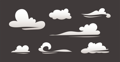 Set of different white cloud for windy sky. Flat design elements collection. Vector illustration