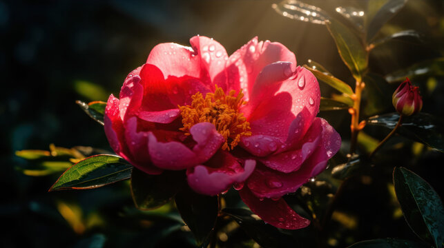 peony flower with water drops, neon glow, random background, sun rise, bokha mood generative ai