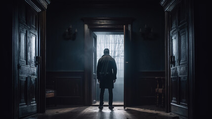 a man stands with his back to the camera in a black entrance created with Generative AI Technology