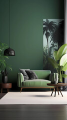 poster living room interior, tropical style, with green background , 3d render made with generative Ai