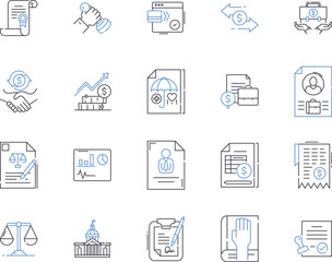 Law outline icons collection. Lawyer, Attorney, Judgement, Regulations, Punishment, Litigation, Contract vector and illustration concept set. Appeal, Dispute, Rights linear signs