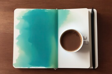 coffee and a  notebook art painting made with Generative AI technology