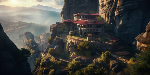 Mysterious monasteries hanging over rocks of Meteora, Greece - most famous landmarks and beautiful places, Generative Ai