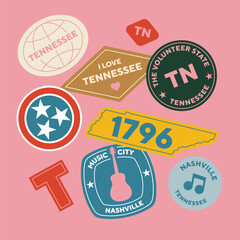 Sticker Pack. Collection of trendy pins. Set of cool patches vector design. Tennessee retro badges.