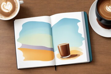 coffee and a  notebook art painting made with Generative AI technology