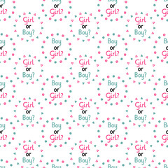Gender reveal party design. Simple baby shower blue and pink pattern. Boy or girl phrase background