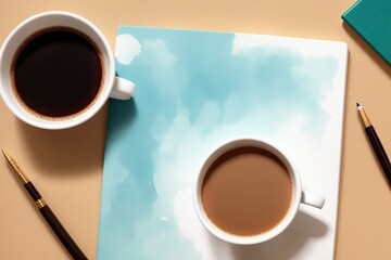 coffee and a  notebook art painting made with Generative AI technology