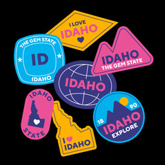 Sticker Pack. Collection of trendy pins. Set of cool patches vector design. Idaho retro badges.