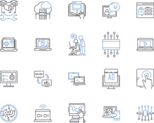 Website and computer outline icons collection. website, computer, internet, browsing, surfing, search, engine vector and illustration concept set. optimization, design, development linear signs