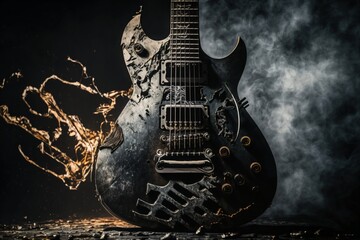 cool black electric guitar with metal applications on the body created with Generative AI technology - obrazy, fototapety, plakaty
