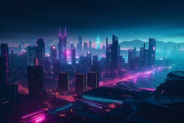 Fototapeta na wymiar Futuristic City Skyline with Purple and Cyan Neon lights. Night scene with Visionary Skyscrapers. Generative AI