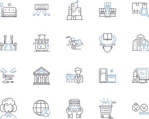 City and household outline icons collection. City, Household, Urban, Dwelling, Town, Home, Residence vector and illustration concept set. Abode, Domicile, Village linear signs