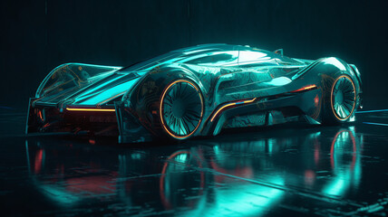 Ai illustration of Futuristic black electric automobile with cyan, blue, gold neon led lights. Unreal engine wallpaper on Future Transport. Autonomous driverless vehicle, artificial technology concept