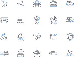 Travel outline icons collection. Trip, Tour, Journey, Voyage, Explore, Vacation, Fly vector and illustration concept set. Adventure, Sightsee, Road Trip linear signs