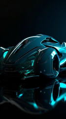 Futuristic black electric automobile with cyan blue neon  led lights. Ai 3d rendering car design. Unreal engine wallpaper on Future Transport. Autonomous driverless vehicle and technology concept