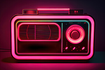 Neon radio sign. Vector radio receiver illustration in bright neon style. Generative Ai