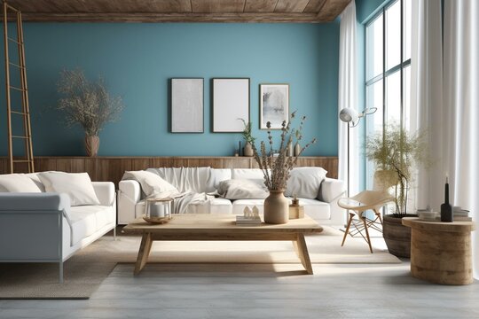 Modern bright living room in costal style, white sofa and wooden furniture on light blue wall background, 3d render. Generative AI