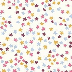 Hand drawn seamless pattern of tiny ditsy flowers. Blue yellow orange floral print on light pastel background, vintage retro minimalist style, small daisy nature art, spring summer garden five petals.
